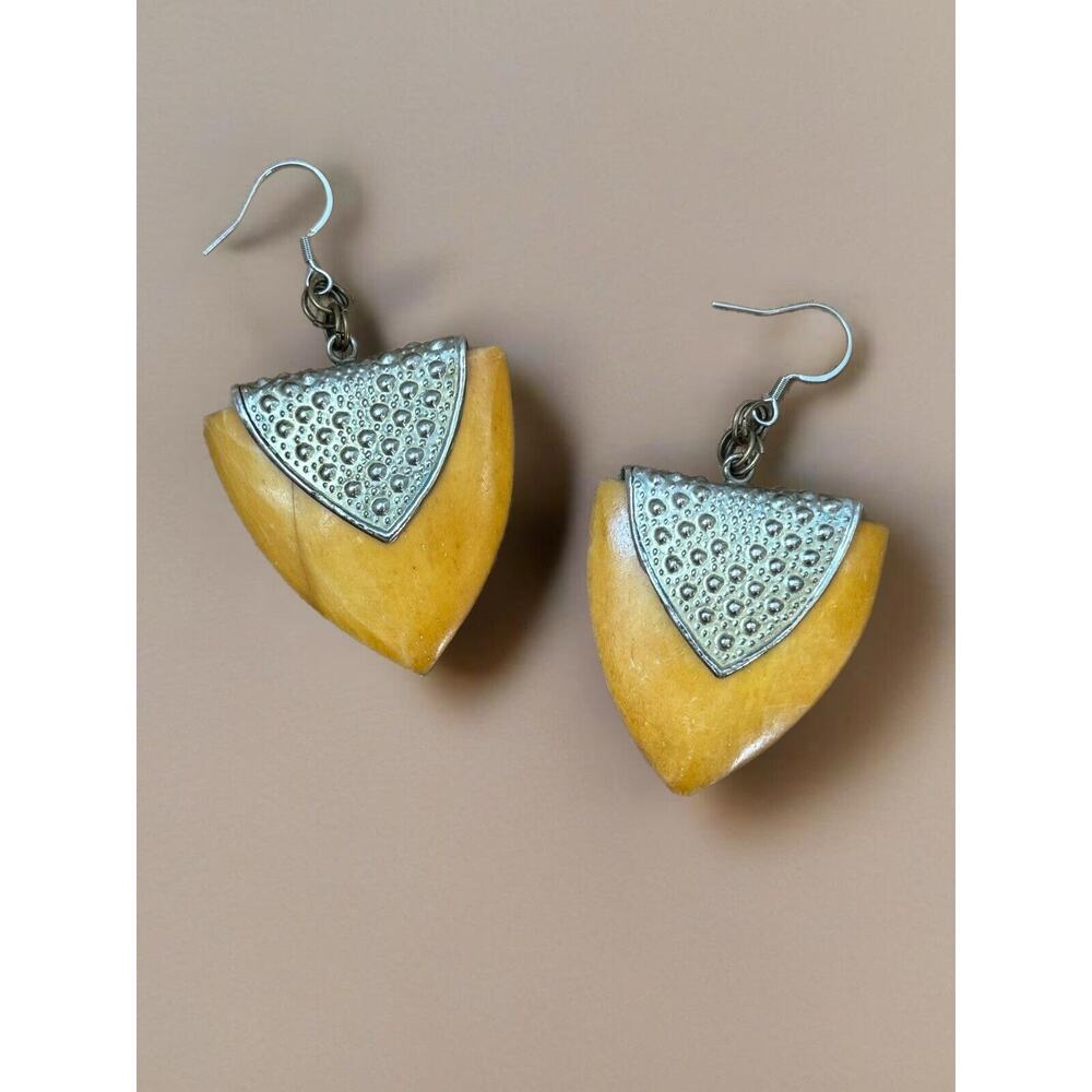 Vintage Bakelite Marbled Yellow Triangular Earrings Vogue Statement Repurposed
